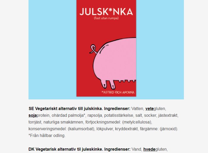 Illustration av rosa tecknad julskinka med texten "JULSK*NKA" och "Astrid och aporna".