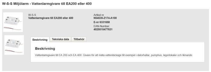 Vattenlarmgivare till EA200 eller 400 från W-S-S Miljölarm, med teknisk beskrivning och artikelnummer.