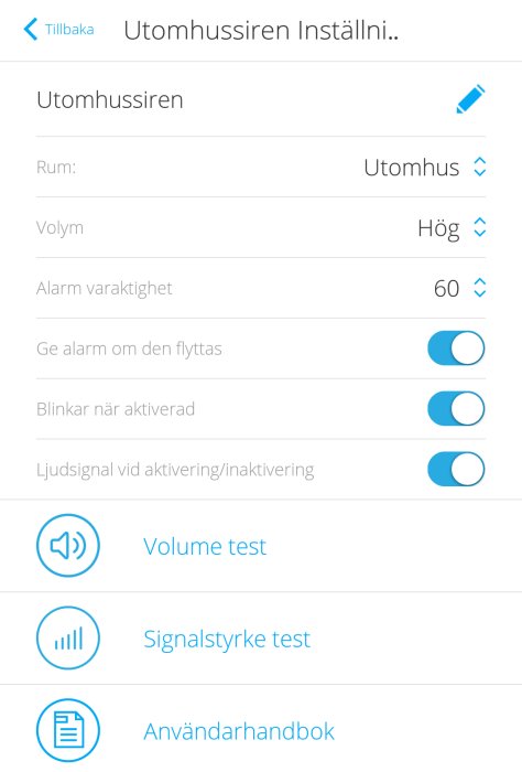 Inställningsmeny för utomhussiren med alternativ för volym, blinksignaler och ljudsignal.