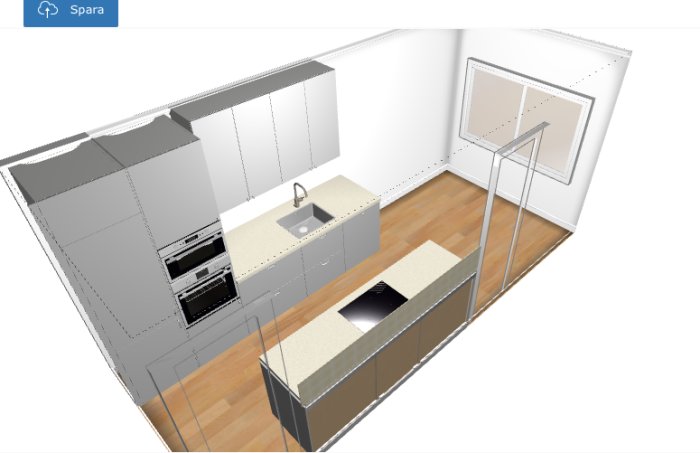 3D-modell av kökslayout med ö-skåp, diskho, högskåp för ugn och kyl/frys.