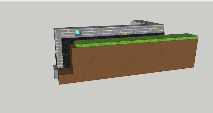 3D-modell som visar isolering av krypgrund med cellplastskivor mot en vägg och på marken.