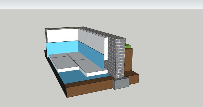 3D-modell av en byggkonstruktion som visar placering av byggfolie i en väggsektion.