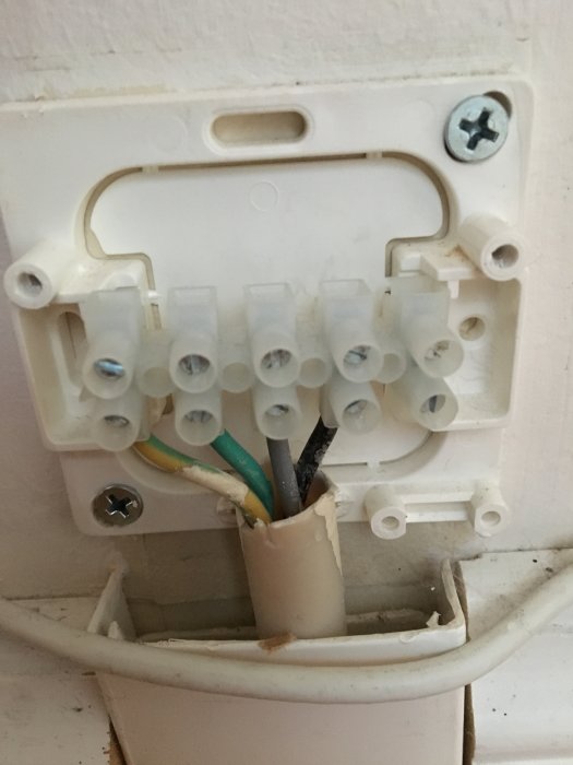 Öppen elektrisk anslutningsdosa med färgkodade kablar och tomma kabelhållare i en vägg.