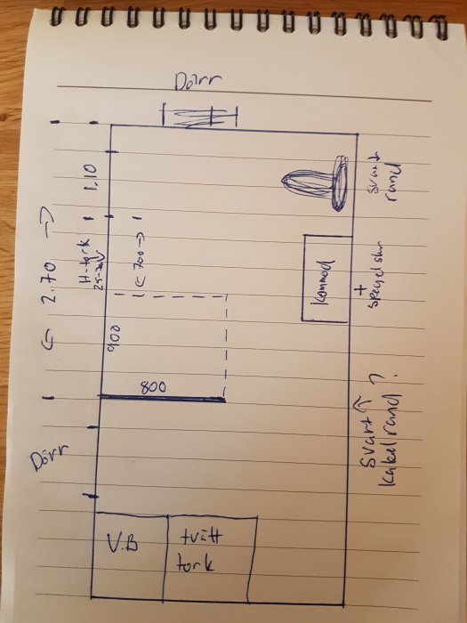 Handritad planritning för sammanbyggnad av badrum och tvättstuga med måttangivelser.