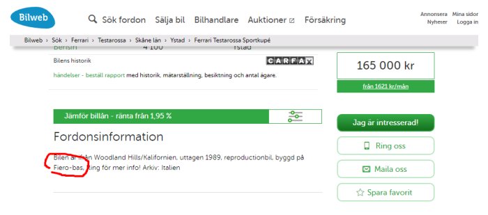 Skärmdump från Bilweb med fordoninformation, pris och markerad text om Ferrari Testarossa baserad på Pontiac Fiero.