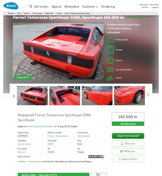 Begagnad röd Ferrari Testarossa från 1988 visas på en bilförsäljningssida.