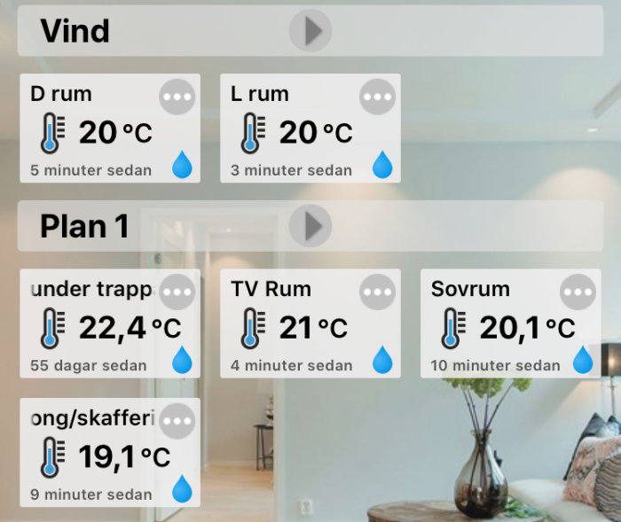 Skärmdump av en smart hem-app med temperatur- och fuktighetsmätningar i olika rum i ett hus.