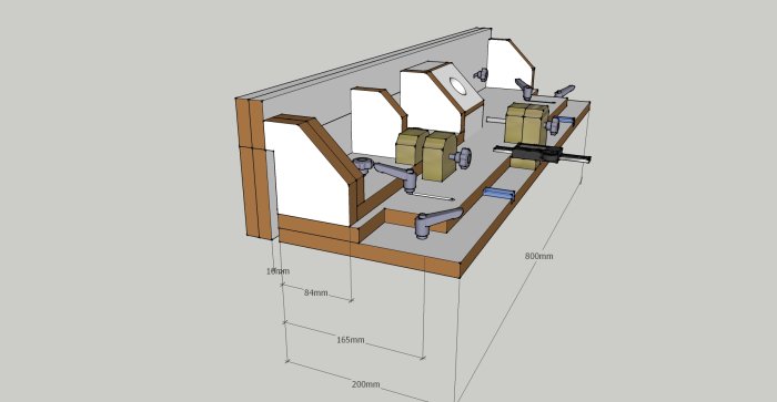 3D-skiss av justerbart anhåll till fräsbord med dimensioner och vred.