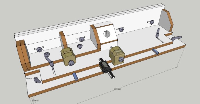 3D-skiss av ett anpassat fräsbord med mått och detaljerade komponenter som rattar och tvingar.