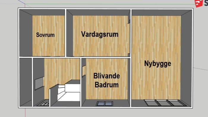 Skiss av husplan med sovrum, vardagsrum, blivande badrum och planerad utbyggnad markerad som 'Nybygge'.