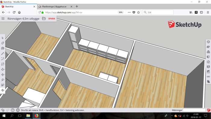 3D-skiss av hus entreplan med potentiellt nytt kök och matplats i en utbyggnad.