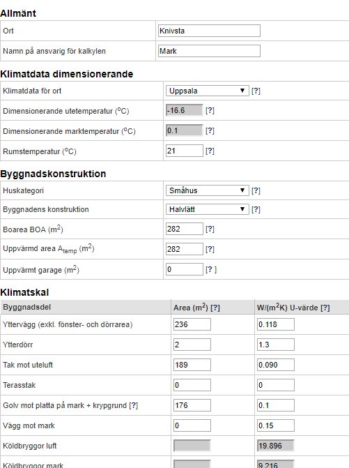 Skärmbild av ett formulär för energiberäkning med fält för klimatdata och byggnadskonstruktion.