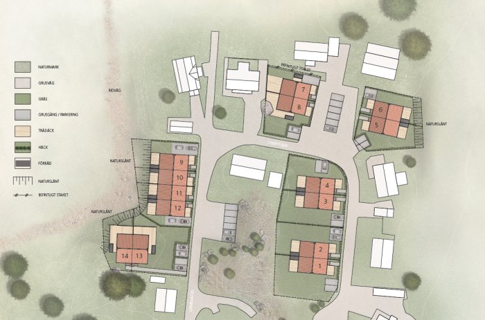 Illustrativ detaljplan över ett bostadsområde med numrerade hus, vägar och grönområden.