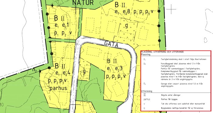 Detaljplan med markeringar för byggprojekt i gult och grönt samt regeltext om placering och utformning.