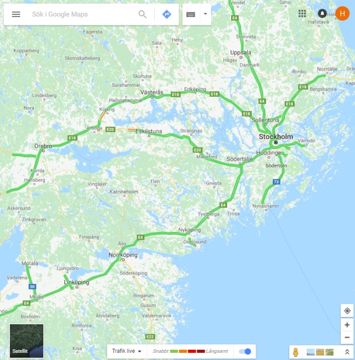 Karta över Svealand visande Stockholm och omgivande städer med trafikinformation.