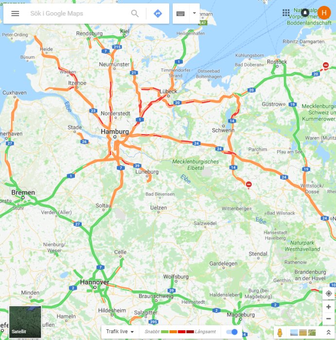 Karta över trafiksituationen i norra Tyskland med markerade vägar och trafikflöden.