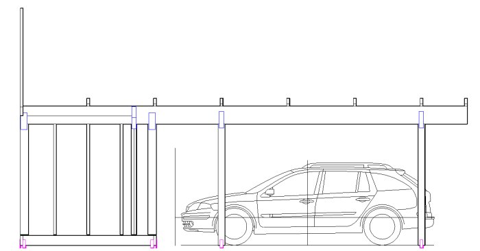 Skiss av en planerad carport med mått och placering av plintar markerade, samt en bil parkerad under tak.