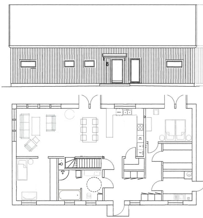 Skiss av planlösning och fasad för bottenplan på ett hus, med borttaget fönster vid entrén.