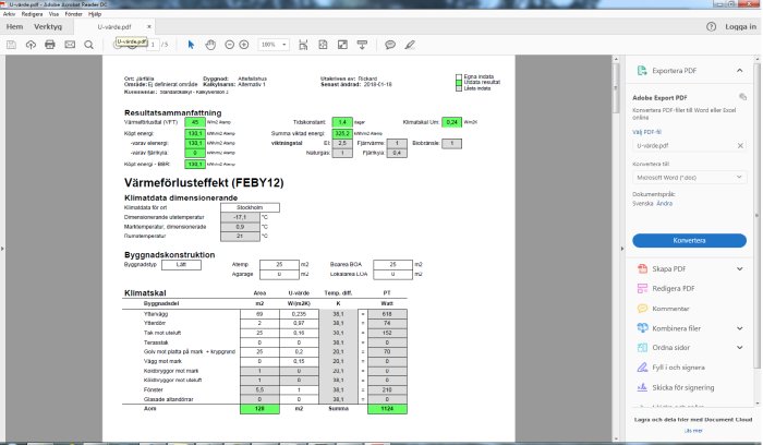 Skärmbild av ett U-värdesberäkningsprogram med resultatet 0,24 W/m²K markerat.