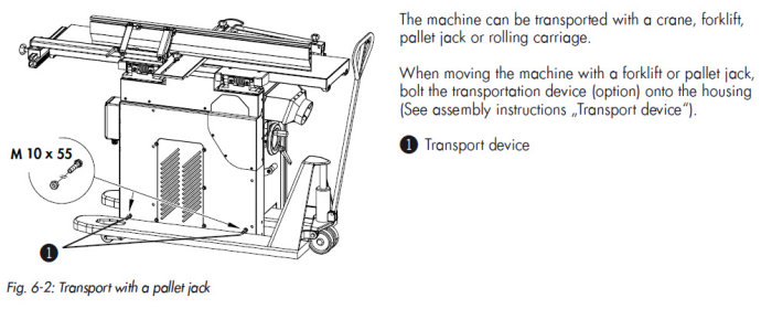 Illustration av en träbearbetningsmaskin klar för transport med en palltruck, markerat med skruvstorlek M10 x 55 och transportanordning.