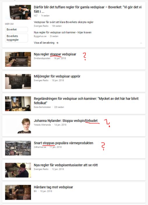 Skärmbild av en diskussionsforumssida med rubriker om nya regler för vedspisar.