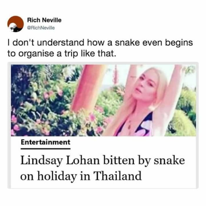 Skärmdump av tweet med text och bild på en kvinna under texten "Lindsay Lohan bitten by snake on holiday in Thailand".