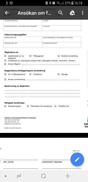 Skärmdump av en digital ansökningsblankett för byggprojekt på en smartphone.