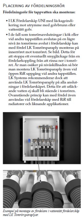 Monteringsanvisning med illustration och foto av LK Universal fördelarskåp och anslutna rör.