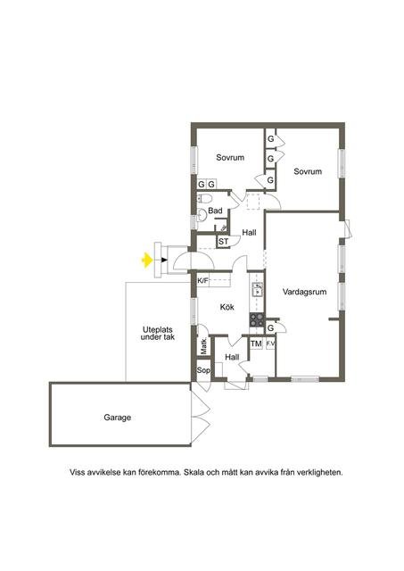 Ritning över enplansvilla med markerad utbyggnad för kök, garage och tillbyggt rum under tak.