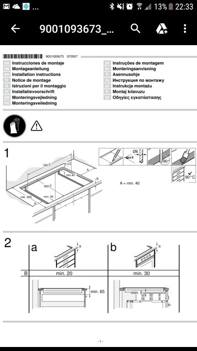 Installationsinstruktioner för spishäll med mått och monteringsavstånd markerade i svartvita ritningar.