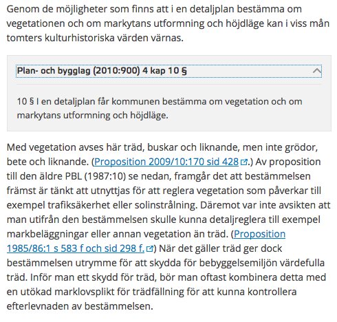 Skärmdump av ett foruminlägg om bygglovsregler för vegetation med text och en lagtextreferens.