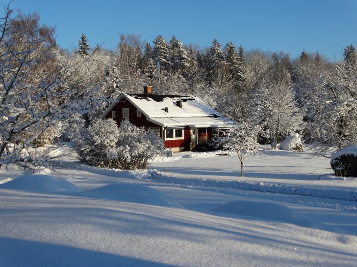 Ett rödtt hus täckt av snö med omgivande träd och kristallklar himmel.