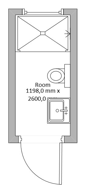 Arkitektonisk ritning av ett urrivet källarbadrum planerat för renovering med mått och layout.