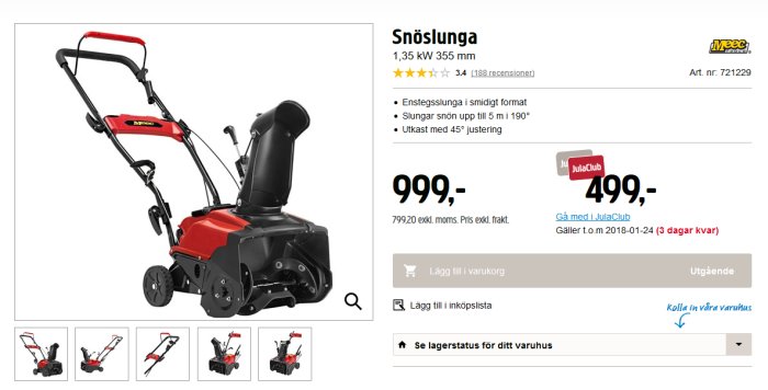 Snöslunga från Meec i röd och svart, reklam för Jula Club-pris på 499 kr, normalt 999 kr.