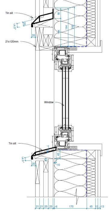 Teknisk ritning som visar fästet av ett fönster i en husvägg med måttangivelser och luftspalt bakom panelen.