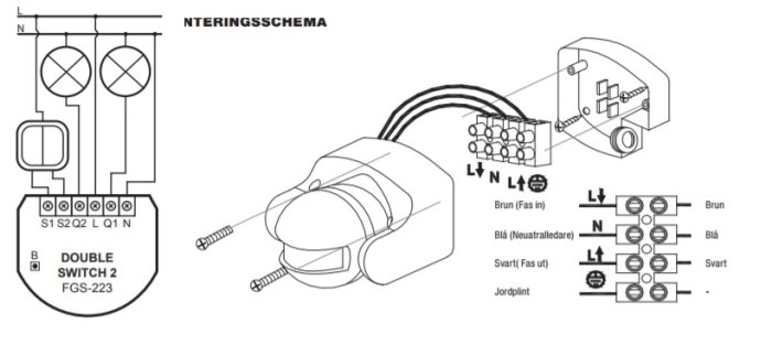 Anslutningsscheman för rörelsedetektorer och Fibaro dubbelswitch för styrning av halogenlampor.