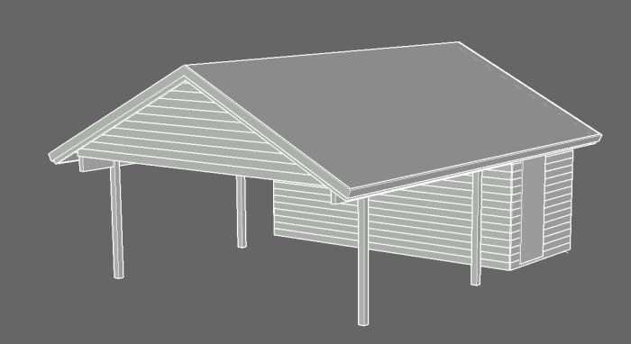 Konstruktionsritning av en carport med platt tak och förrådsutrymme, indikerade stolpar och grundlinjer.