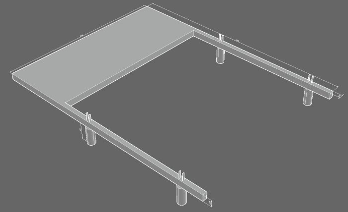 Skiss av en planerad carportkonstruktion med betongbalkar och platta samt markerade stolpplatser.