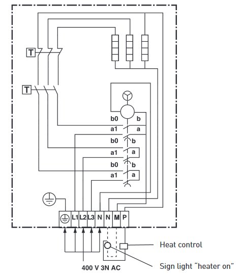 Elektriskt kopplingsschema för ett värmeelement med termostat, överhettningsskydd och timer.