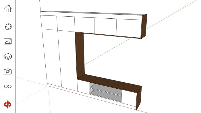 3D-skiss av en hallmöbel baserad på modifierade IKEA-köksstommar med eklimfogskivor.