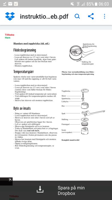 PDF-sida med instruktioner för temperaturbegränsning och byte av insats på blandare.