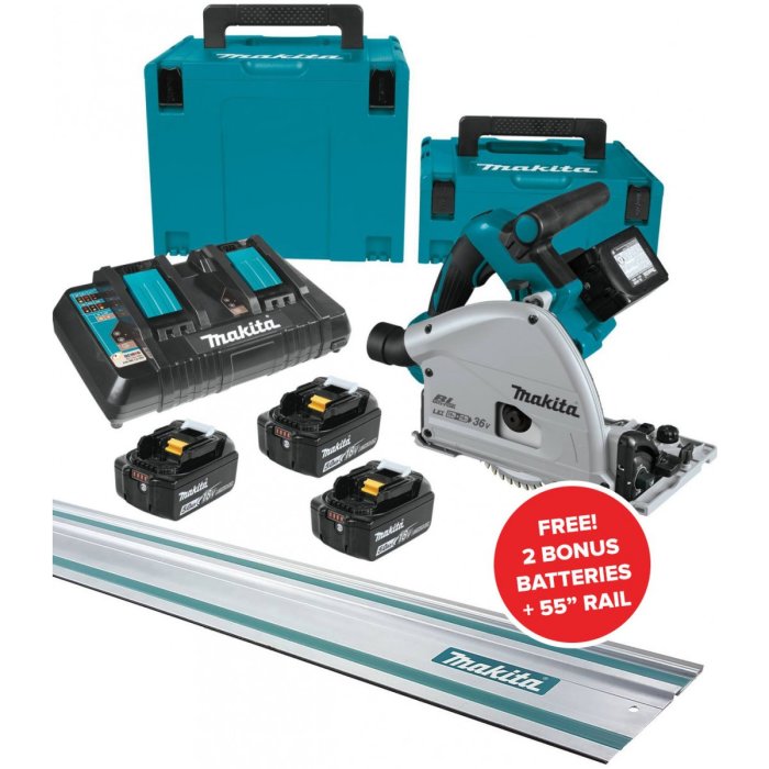 Makita batteridriven sänksåg med spårskena, extra batterier och laddare, samt förvaringslåda.