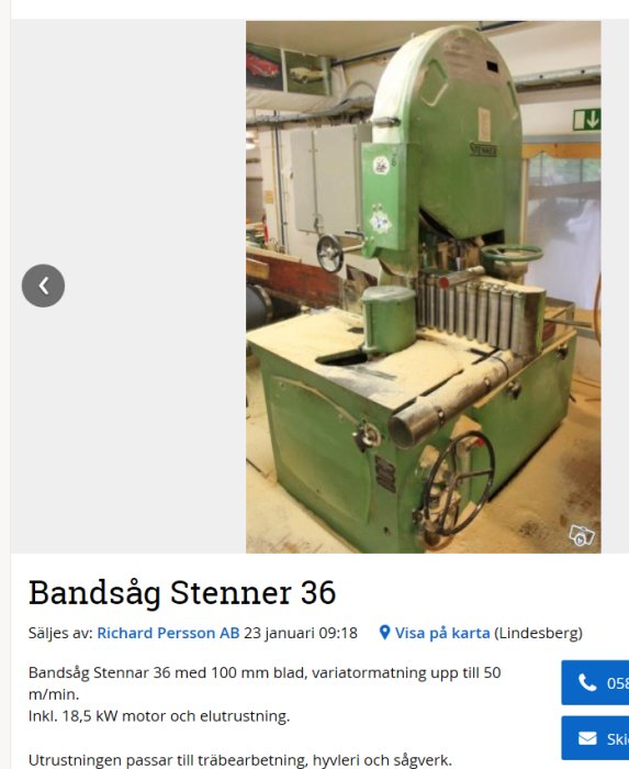 Stor grön bandsåg av märket Stenner 36 i en verkstadsmiljö, märkt med specifikationer.