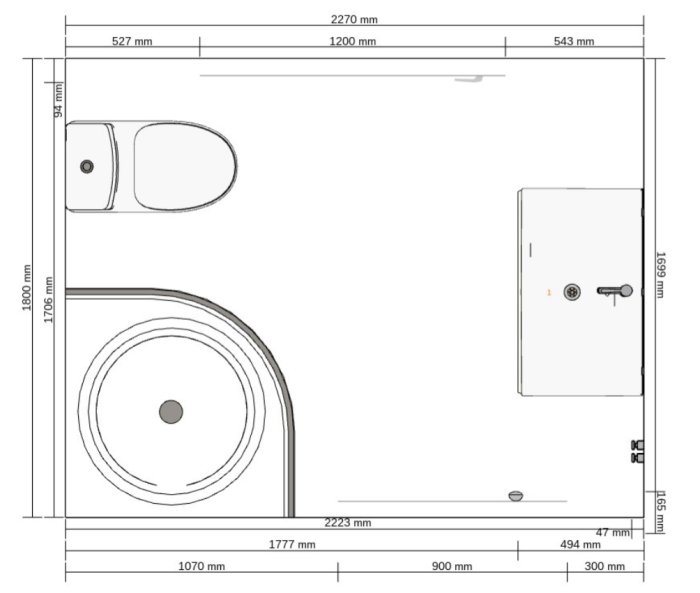 Ritning av ett badrumsplan med måttangivelser, toalett, handfat och duschhörna.