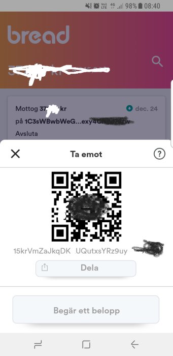 QR-kod för överföring av Bitcoin med föreslagen summa i en mobilapp.
