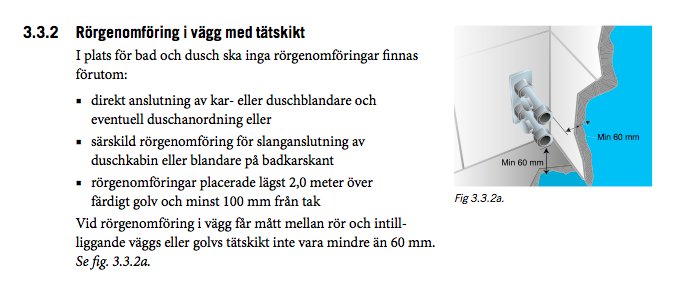Illustration av rörgenomföring i våtzon med måttangivelser enligt byggregler.