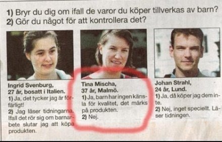 Utklipp från tidning med tre personers porträtt och citat om barnarbete-markerat svar.