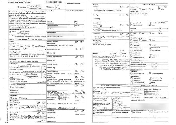 Skannade sidor med teknisk beskrivning och blanketter från bygglovsdokument med anteckningar och markeringar.