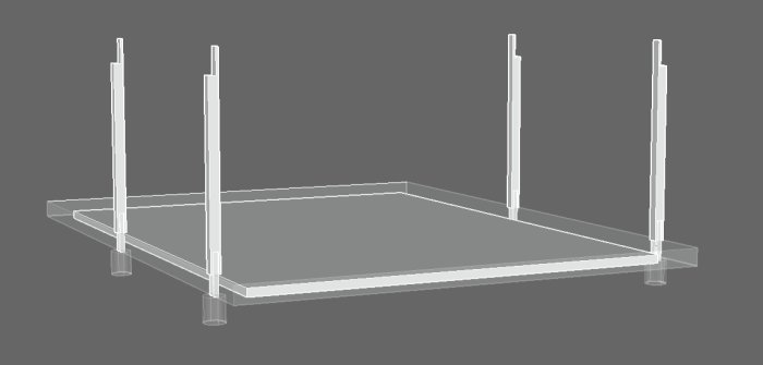 3D-skiss av fundament och stolpar för carport, indikerar planering för plintar och takkonstruktion.