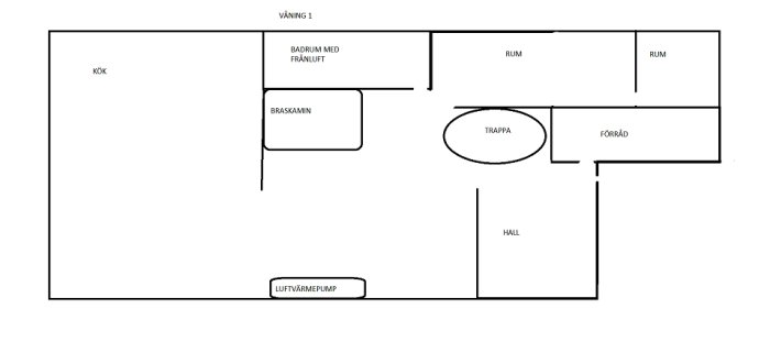 Översiktsritning av plan 1 i en byggnad som visar placering av kök, braskamin, luftvärmepump, badrum, och rum med markering av trappans position.